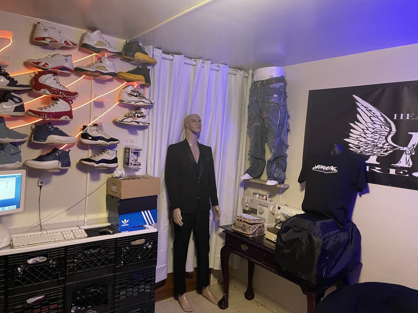 Inside the Heaven or Hell design studio, sneaker wall and sewing station