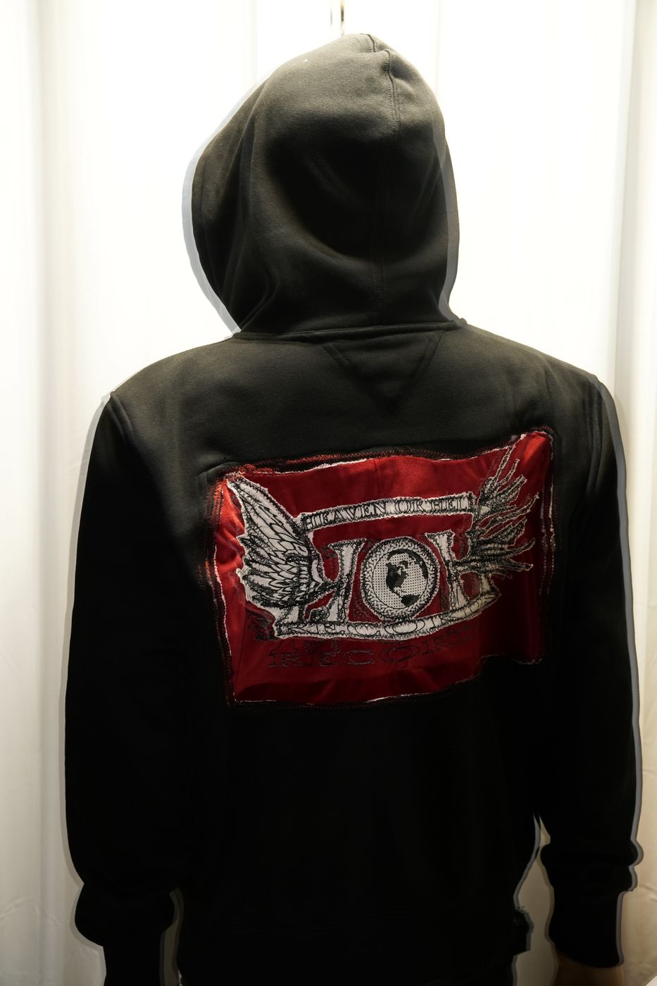 Black zip-up hoodie with embroidered Heaven or Hell Records back patch